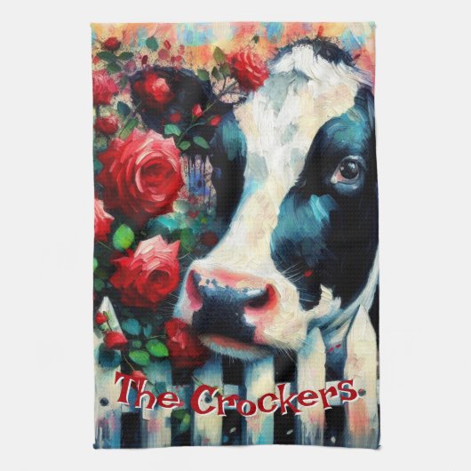 Holstein Koe Picket Fence Red Roses gepersonalisee Theedoek (Verticaal)