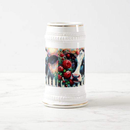 Holstein Koe Picket Fence Red Roses Zwart Rood Bierpul (Center)