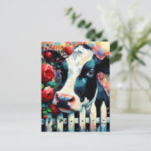 Holstein Koe Picket Fence Red Roses Zwart Rood Briefkaart (Staand voorkant)