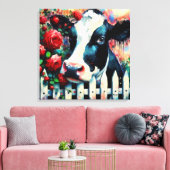 Holstein Koe Picket Fence Red Roses Zwart Rood Canvas Afdruk (Insitu (Woonkamer))