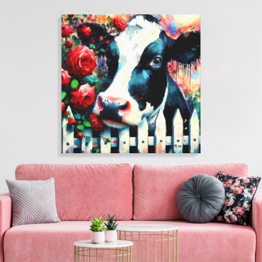 Holstein Koe Picket Fence Red Roses Zwart Rood Canvas Afdruk (Insitu (Woonkamer))