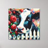 Holstein Koe Picket Fence Red Roses Zwart Rood Canvas Afdruk (Voorkant)