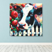Holstein Koe Picket Fence Red Roses Zwart Rood Canvas Afdruk (Insitu (Houten vloer))