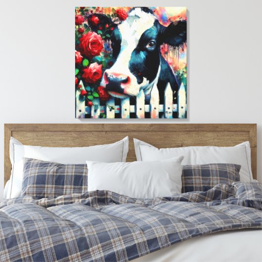 Holstein Koe Picket Fence Red Roses Zwart Rood Canvas Afdruk (Insitu (Slaapkamer))