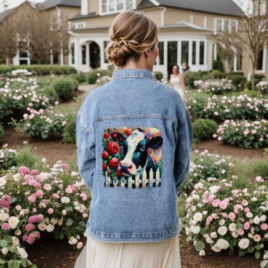 Holstein Koe Picket Fence Red Roses Zwart Rood Denim Jacket (Huwelijk Achterkant)