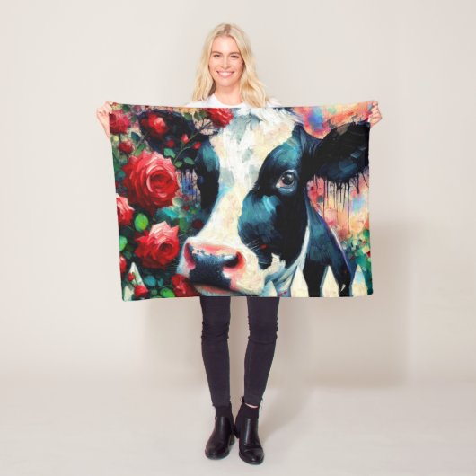 Holstein Koe Picket Fence Red Roses Zwart Rood Fleece Deken (In situ)