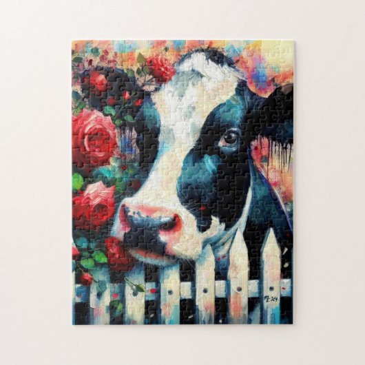 Holstein Koe Picket Fence Red Roses Zwart Rood Legpuzzel (Verticaal)