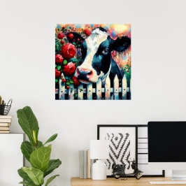Holstein Koe Picket Fence Red Roses Zwart Rood Poster