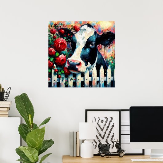 Holstein Koe Picket Fence Red Roses Zwart Rood Poster (Thuiskantoor)