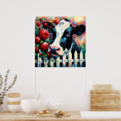 Holstein Koe Picket Fence Red Roses Zwart Rood Poster (Keuken)