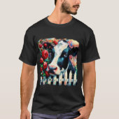 Holstein Koe Picket Fence Red Roses Zwart Rood T-shirt (Voorkant)