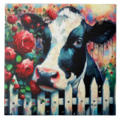 Holstein Koe Picket Fence Red Roses Zwart Rood Tegeltje (Voorkant)
