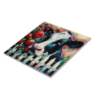 Holstein Koe Picket Fence Red Roses Zwart Rood Tegeltje