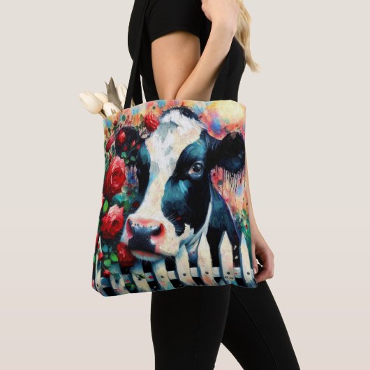 Holstein Koe Picket Fence Red Roses Zwart Rood Tote Bag (Dichtbij)