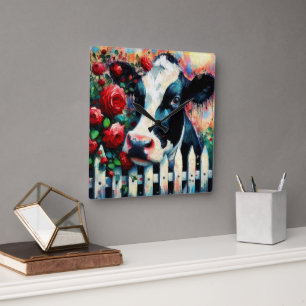Holstein Koe Picket Fence Red Roses Zwart Rood Vierkante Klok