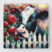 Holstein Koe Picket Fence Red Roses Zwart Rood Vierkante Klok (Voorkant)