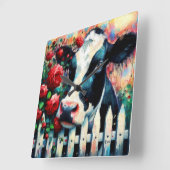 Holstein Koe Picket Fence Red Roses Zwart Rood Vierkante Klok (Hoek)