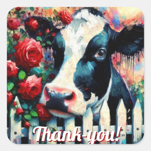 Holstein Koe Picket Fence Red Roses Zwart Rood Vierkante Sticker (Voorkant)