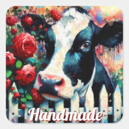 Holstein Koe Picket Fence Red Roses Zwart Rood Vierkante Sticker