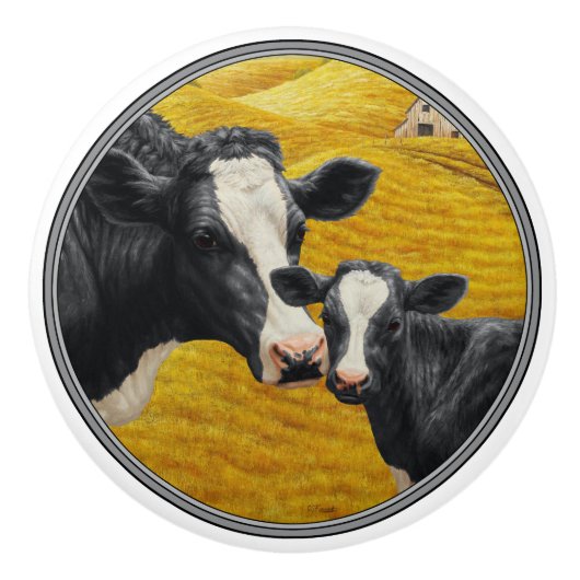 Holstein Koeien en Old Wood Barn Keramische Knop (Voorkant)