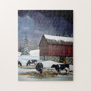 Holstein Koeien in Snowy Barnyard: Oorspronkelijk  Legpuzzel