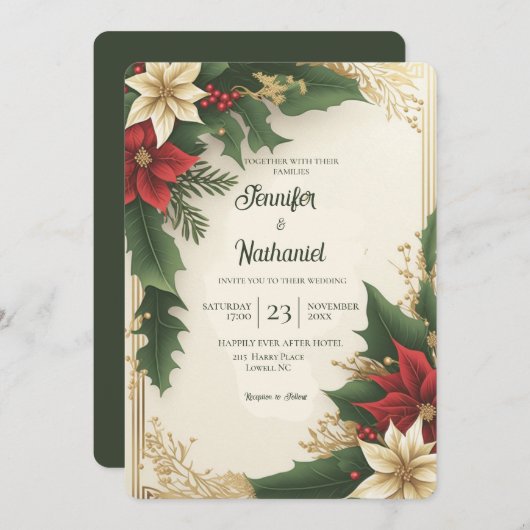 Holy Berries Rood Groen Goud Kerstmis Bruiloft Kaart (Voorkant / Achterkant)