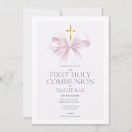 Holy Communion Invitation Girl, Modern Pink Bow Kaart