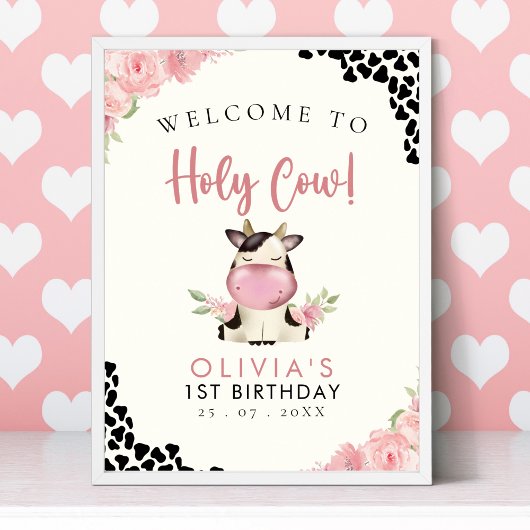 Holy cow! - Cute 1st Birthday Girl with Cow Theme Poster