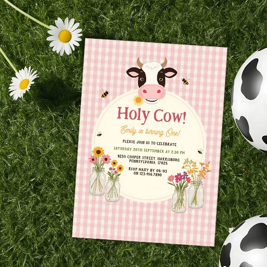 Holy Cow Floral Pink Gingham Girl 1st Birthday Kaart