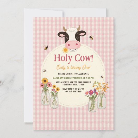 Holy Cow Floral Pink Gingham Girl 1st Birthday Kaart (Voorkant)