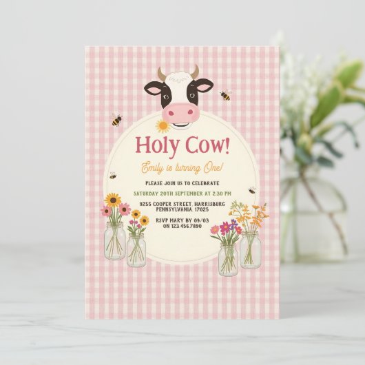 Holy Cow Floral Pink Gingham Girl 1st Birthday Kaart (Staand voorkant)