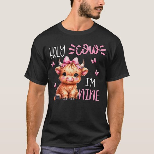 Holy Cow I'm Nine 9 Highland Cow Print 9th Birthda T-shirt (Voorkant)