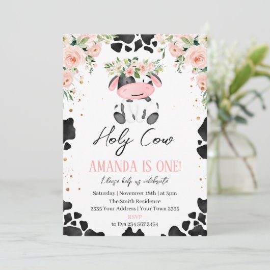 Holy Cow I'm One. Little Cow. Floral Birthday Kaart (Staand voorkant)