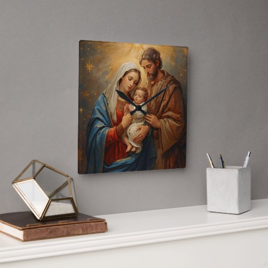 Holy Family Christmas Wall Clock For Peaceful Holi Vierkante Klok (Kantoor)