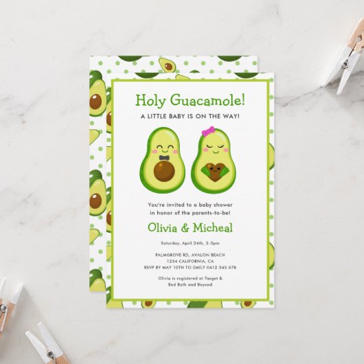 Holy Guacamole Kawaii Avocado Baby shower Kaart (Voorkant / Achterkant in situ)