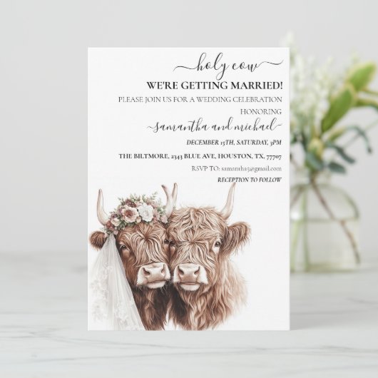 Holy Koe Highland bruidegom bruiloft Kaart (Staand voorkant)