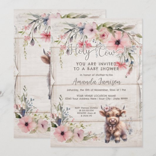 Holy Koe Highland Floral Schattige Schattig Baby s Kaart (Voorkant / Achterkant)