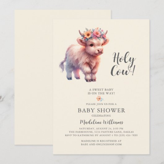 Holy Koe Highland Koe Baby shower Uitnodiging (Voorkant / Achterkant)