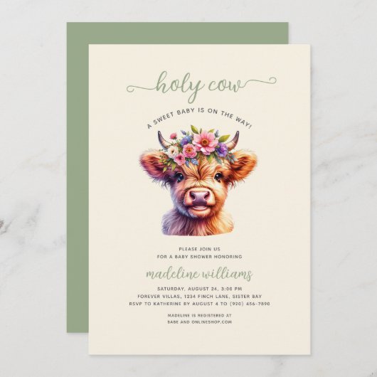 Holy Koe Highland Koe Baby shower Uitnodiging (Voorkant / Achterkant)
