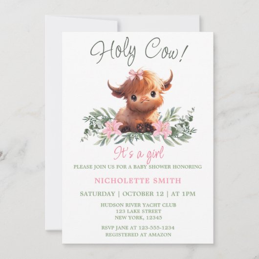 HOLY KOE HIGHLAND MODERN ROZE BABY SHOWER KAART (Voorkant)