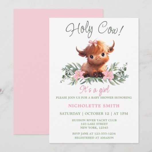 HOLY KOE HIGHLAND MODERN ROZE BABY SHOWER KAART (Voorkant / Achterkant)