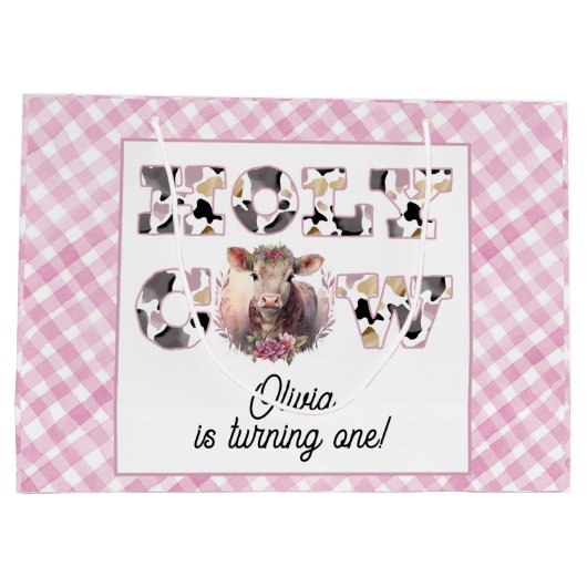 Holy Koe Pink Gingham Girl Verjaardag Gift Bag Groot Cadeauzakje (Achterkant)