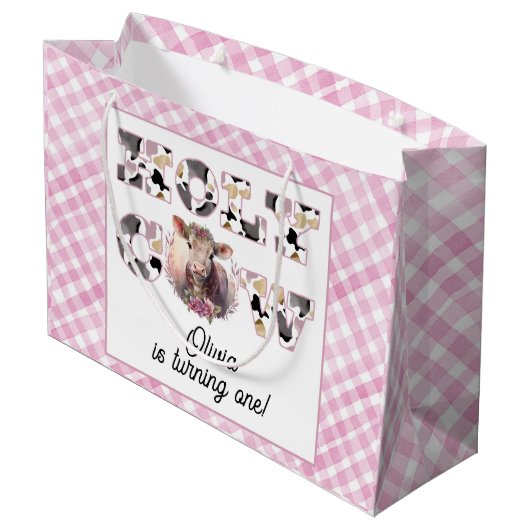 Holy Koe Pink Gingham Girl Verjaardag Gift Bag Groot Cadeauzakje (Achterkant Gekanteld)