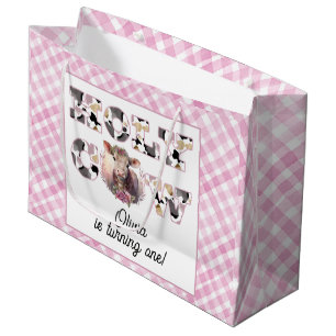Holy Koe Pink Gingham Girl Verjaardag Gift Bag Groot Cadeauzakje