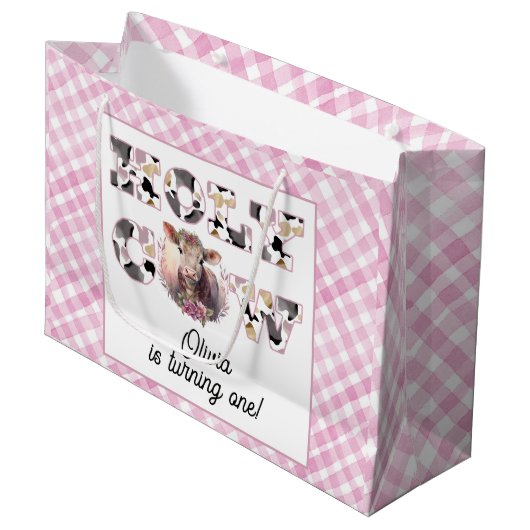 Holy Koe Pink Gingham Girl Verjaardag Gift Bag Groot Cadeauzakje (Voorkant Gekanteld)