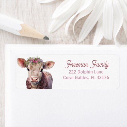 Holy Koe Roze Bloemen Verjaardag Adres Label (Insitu)
