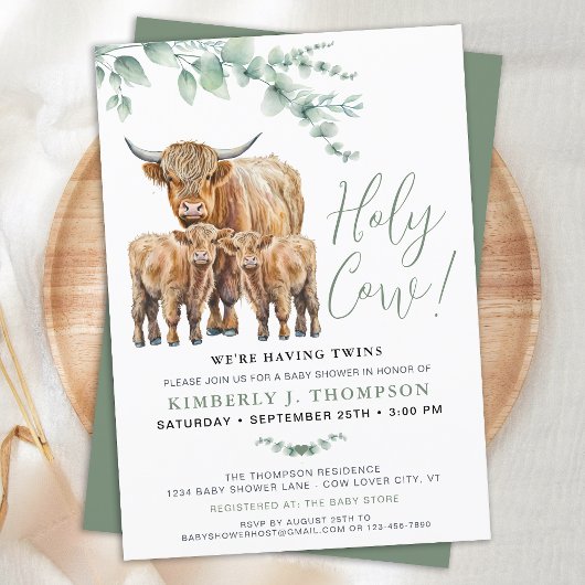 Holy Koe Twins Highland Calf Greenery Baby shower Kaart