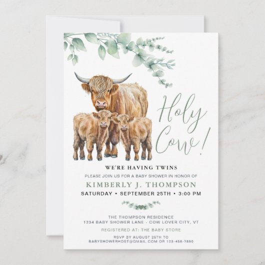 Holy Koe Twins Highland Calf Greenery Baby shower Kaart (Voorkant)