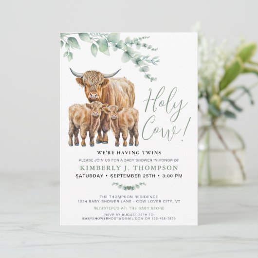 Holy Koe Twins Highland Calf Greenery Baby shower Kaart (Staand voorkant)