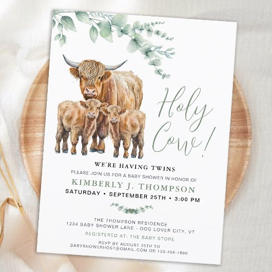 Holy Koe Twins Highland Calf Greenery Baby shower Uitnodiging Briefkaart